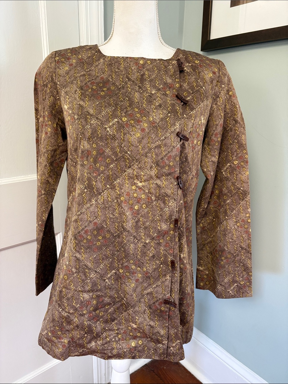 Peruvian Connection Brown Patterned Long-Sleeve Shirt Jacket Size 6 Geometric